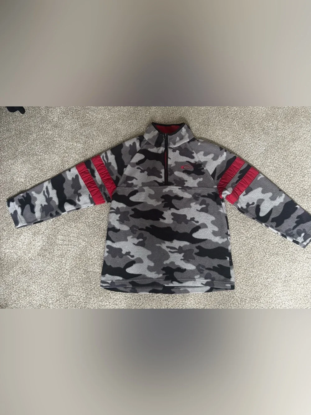Kids' Gray Camo Quarter-Zip Pullover Hoodie with Red Sleeve Stripes